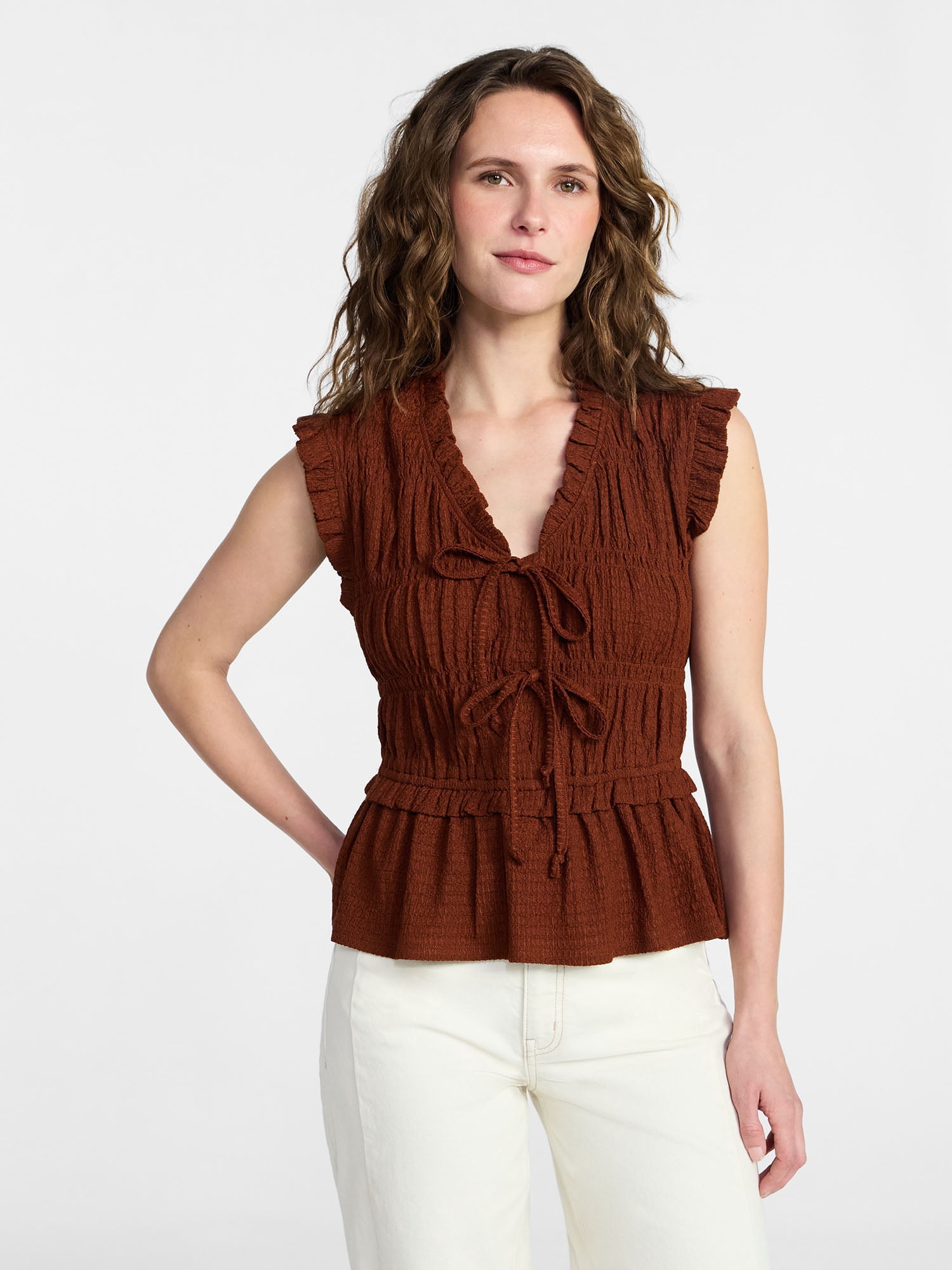 Time and Tru Women's Textured Tie Front Top, Sizes XS-XXXL