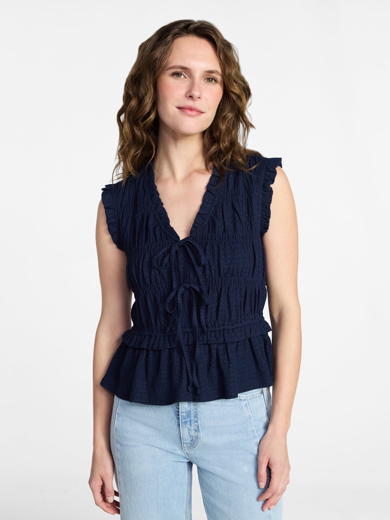 Time and Tru Women's Textured Tie Front Top, Sizes XS-XXXL