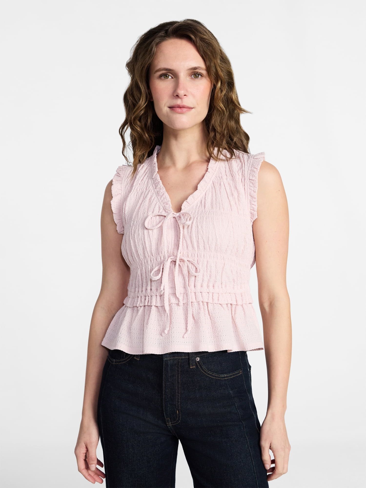 Women's Textured Tie Front Top, Sizes XS-XXXL