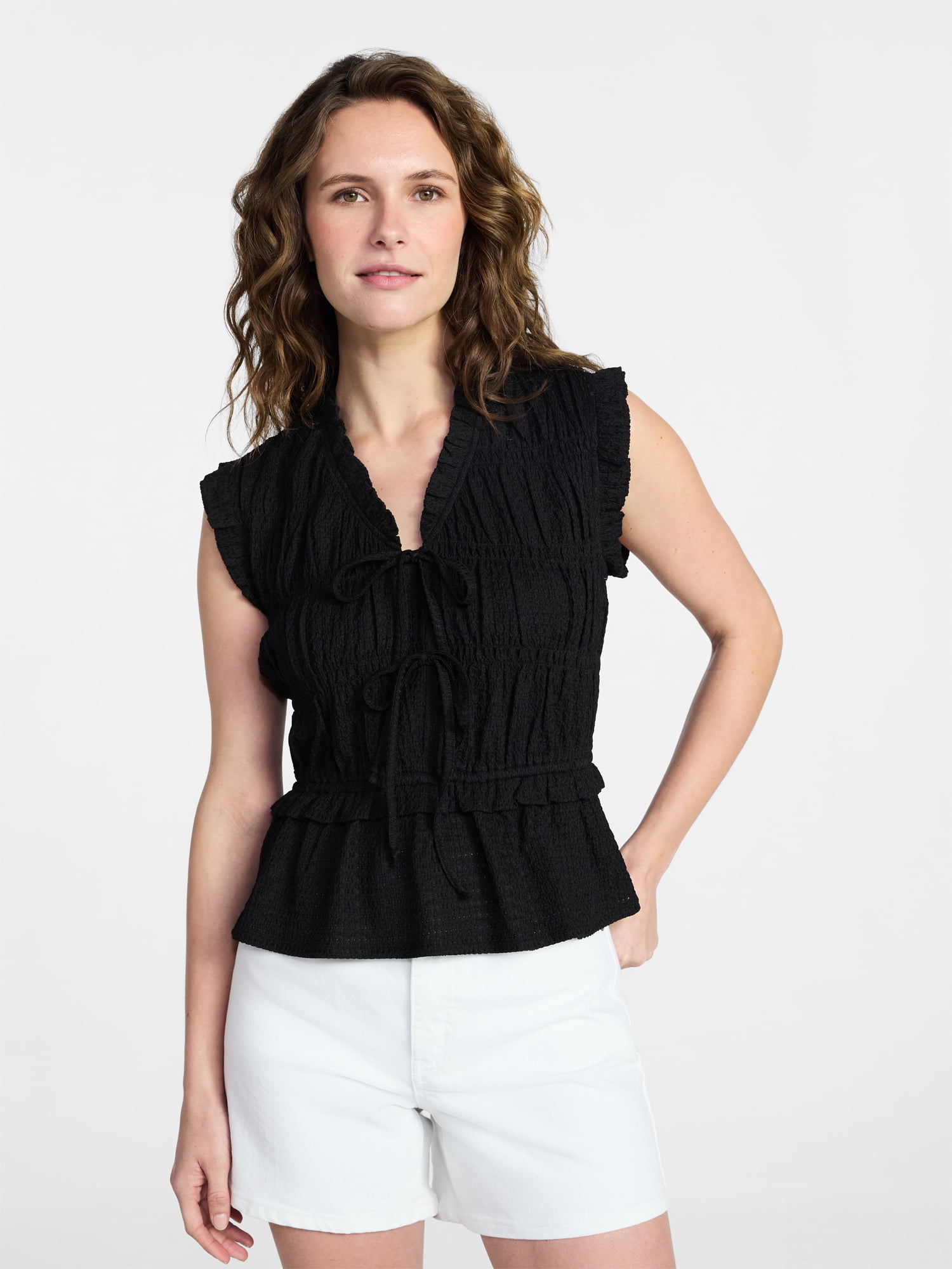 Time and Tru Women's Textured Tie Front Top, Sizes XS-XXXL
