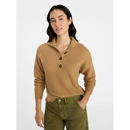 Time and Tru Women's Three Button Pointed Collar Henley Cozy Pullover Sweater, Sizes, XS-XXXL