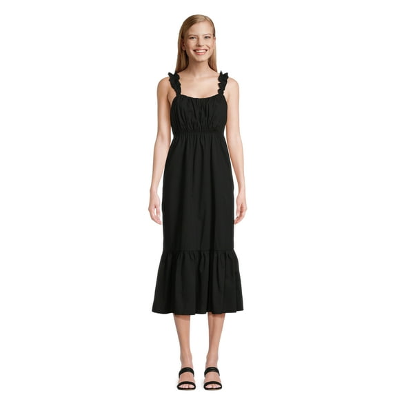 Time and Tru Women's Tie Back Midi Dress with Ruffled Straps, Sizes XS-XXXL