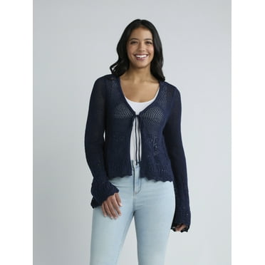 Time and Tru Women's Tie Front Pointelle Sweater with Long Sleeves, Lightweight, Sizes XS-XXXL