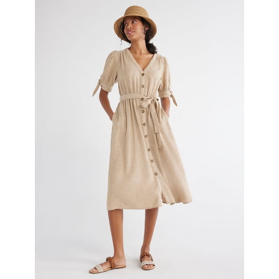 Time and Tru Women's Tie Sleeve Linen Blend Midi Dress, Sizes 1X-4X