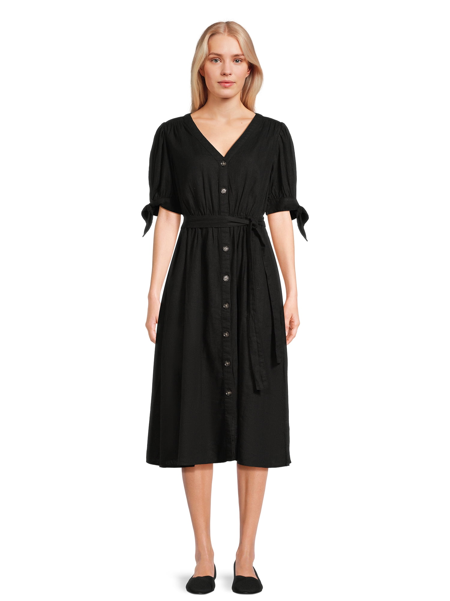 Ralaxed V Neck Button Up Puff Sleeve Linen Blend Midi Dress - Off