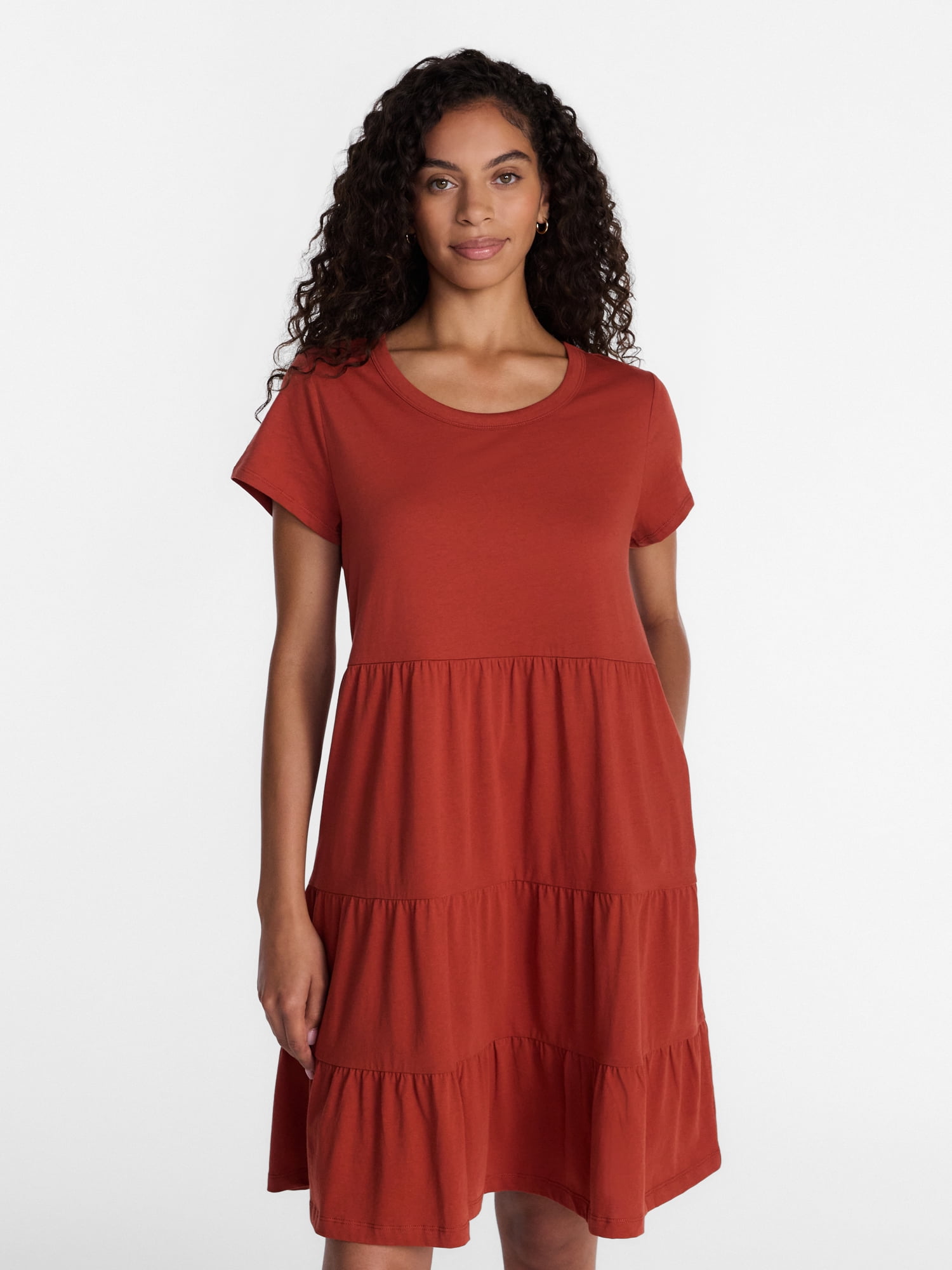 Time and Tru Women's and Women's Plus Size Tiered Cotton Dress with Short Sleeves, Sizes XS-4X