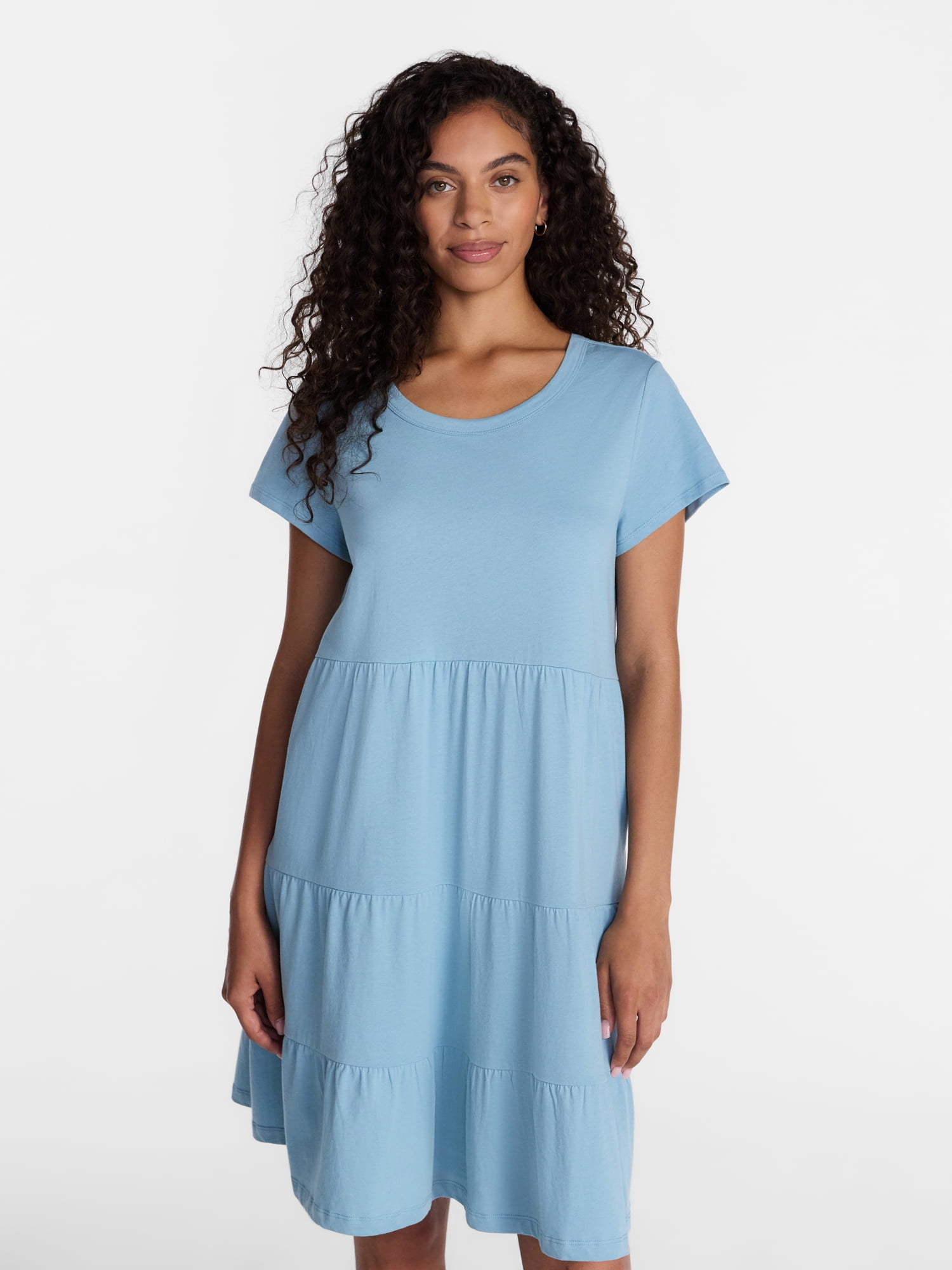 Time and Tru Women's and Women's Plus Size Tiered Cotton Dress with Short Sleeves, Sizes XS-4X