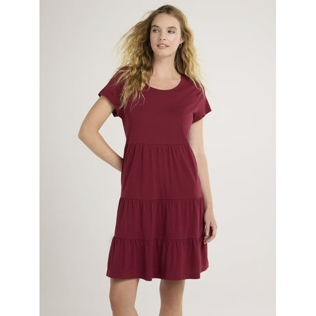 Time and Tru Women's Tiered Cotton Knit Dress, XS-XXXL