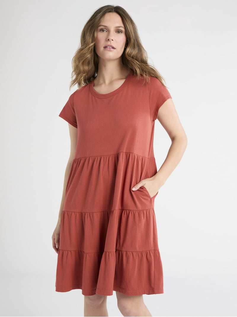 Time and Tru Women's Tiered Cotton Knit Dress XS to XXXL, Knee Length,  Short Sleeves - Walmart.com