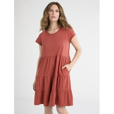 Time and Tru Women's Tiered Cotton Knit Dress, XS-XXXL