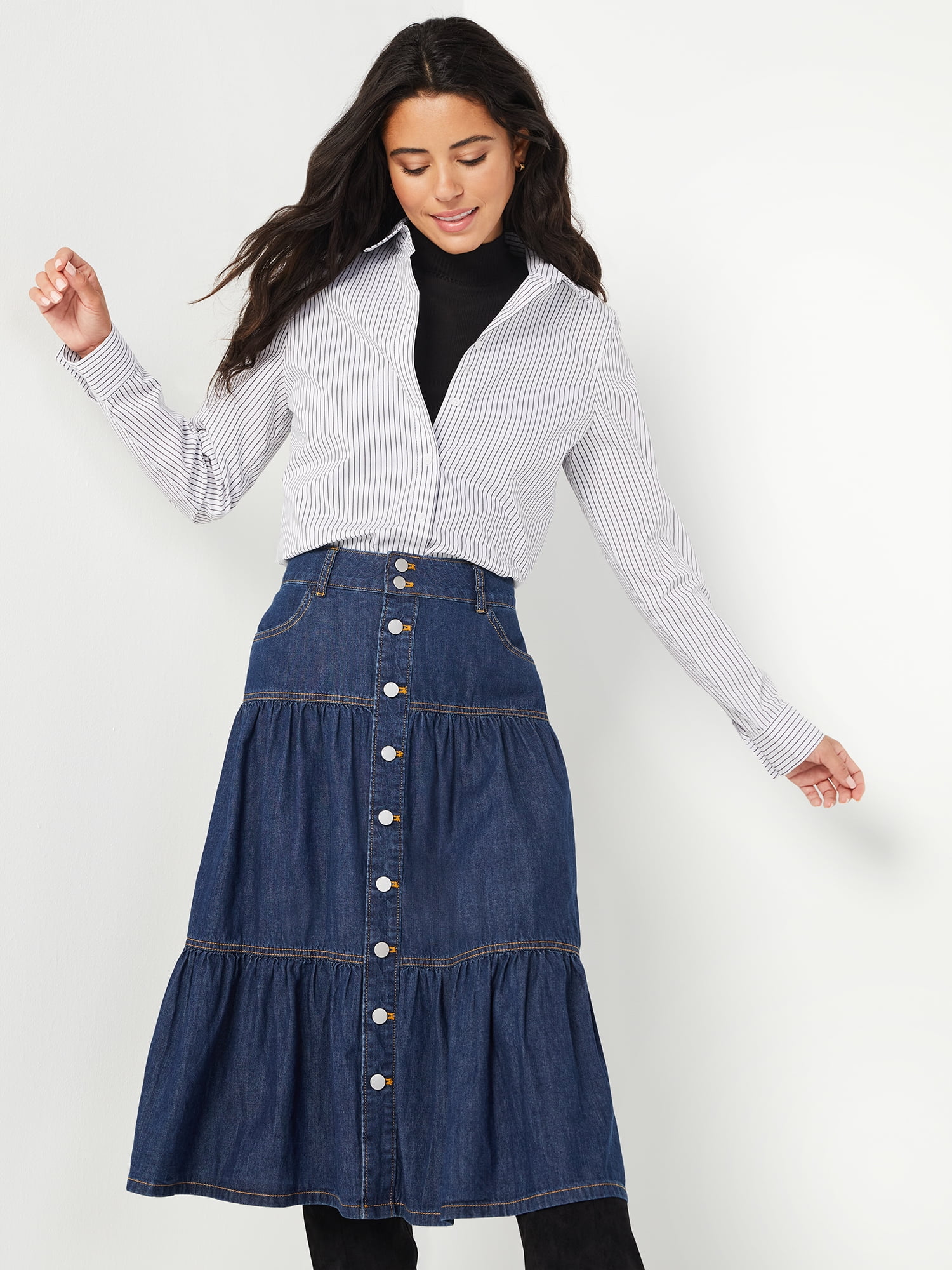 SOMTHRON Women's Retro Denim Maxi Skirt - High Waist A-Line Flare With Ruffle Hem 3 thumbnail image