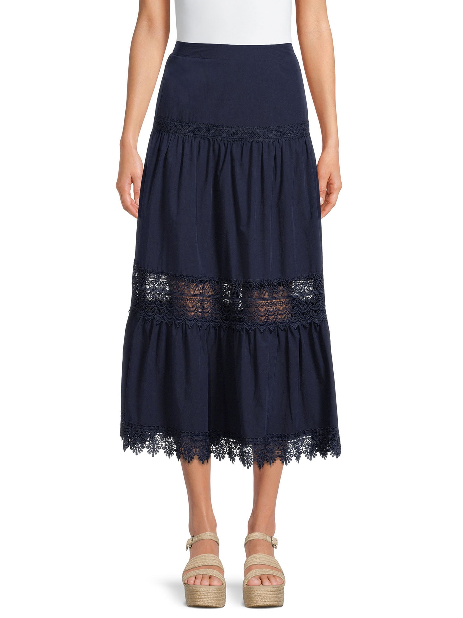 Time and Tru Women’s Tiered Maxi Skirt with Lace Trim - Walmart.com