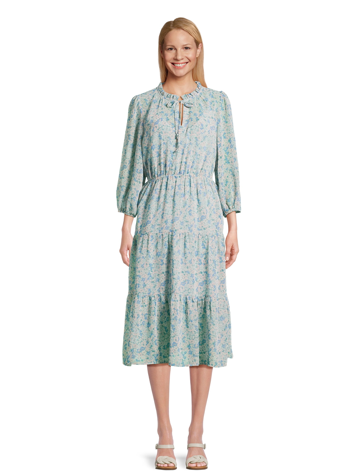 Time & Tru Women's Boho-Chic Tiered Midi Dress with Puff Sleeves, XS-XXXL,  Lightweight - Walmart.com