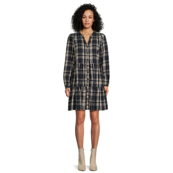 Time and Tru Women's Tiered Plaid Shirtdress with Puff Sleeves, Sizes XS-XXXL