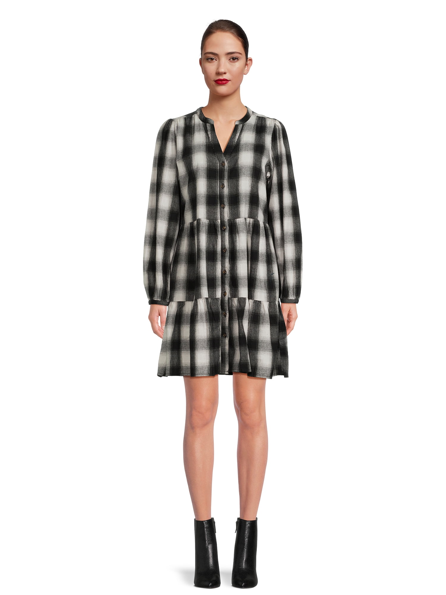 Time and Tru Women's Tiered Plaid Shirtdress with Puff Sleeves, Sizes ...