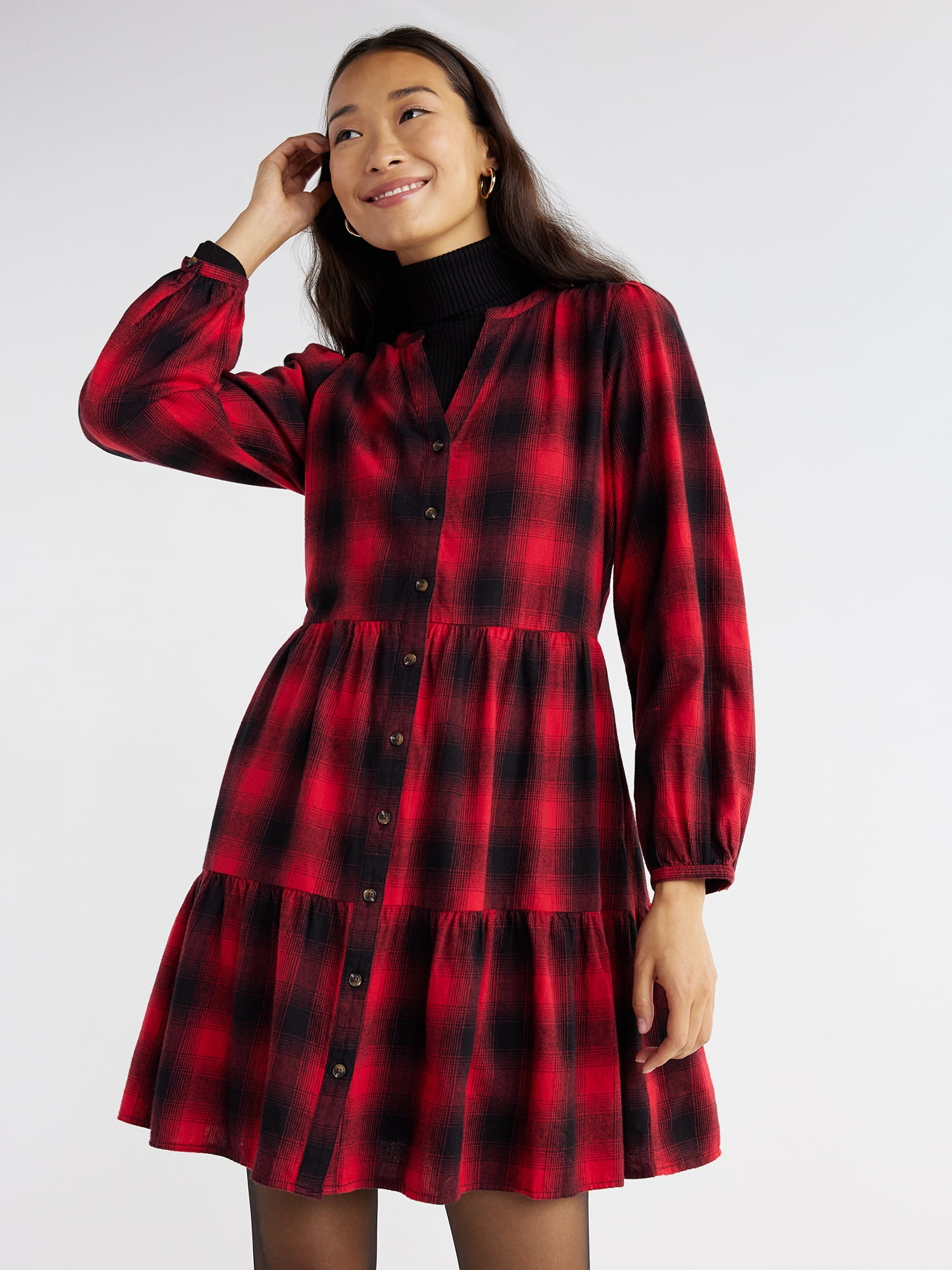 Time and Tru Women's Tiered Plaid Shirtdress with Puff Sleeves, Sizes ...