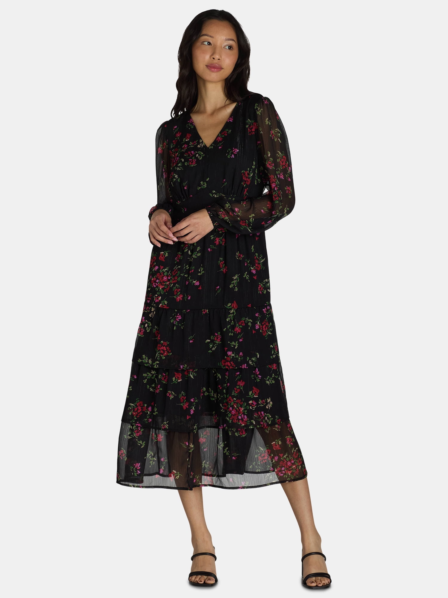 Time and Tru Women's and Women's Plus Print Dress with Long Sleeves, Size XS-4X