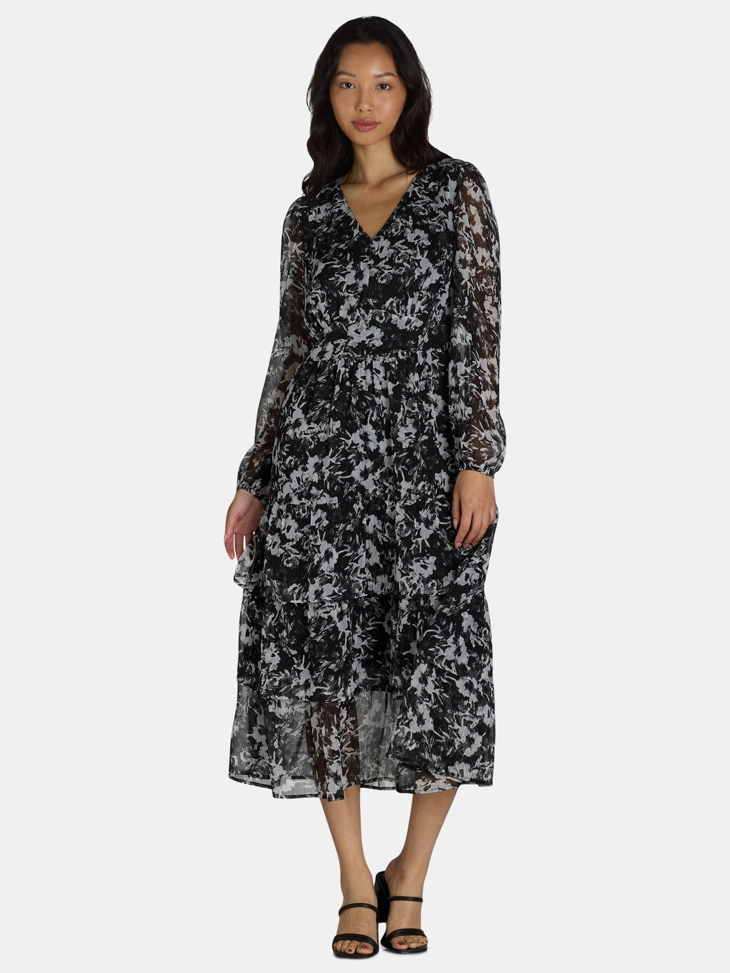 Time and Tru Women's and Women's Plus Print Dress with Long Sleeves, Size XS-4X