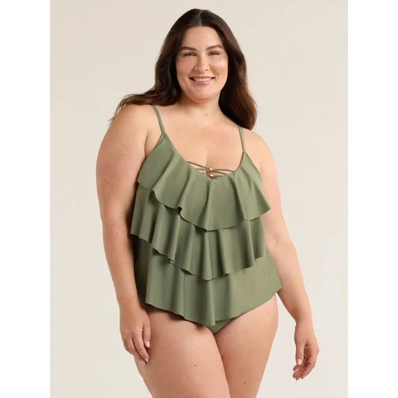 Time and Tru Women's and Women's Plus Tiered Tankini Swim Top, Sizes S-3X