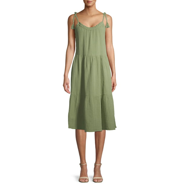 Time and Tru Women's Tiered Tie Sleeve Midi Dress - Walmart.com