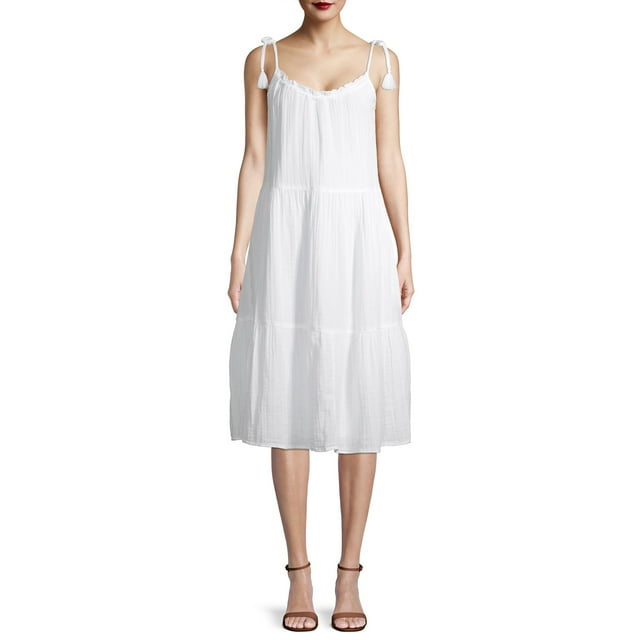 Time and Tru Women's Tiered Tie Sleeve Midi Dress - Walmart.com