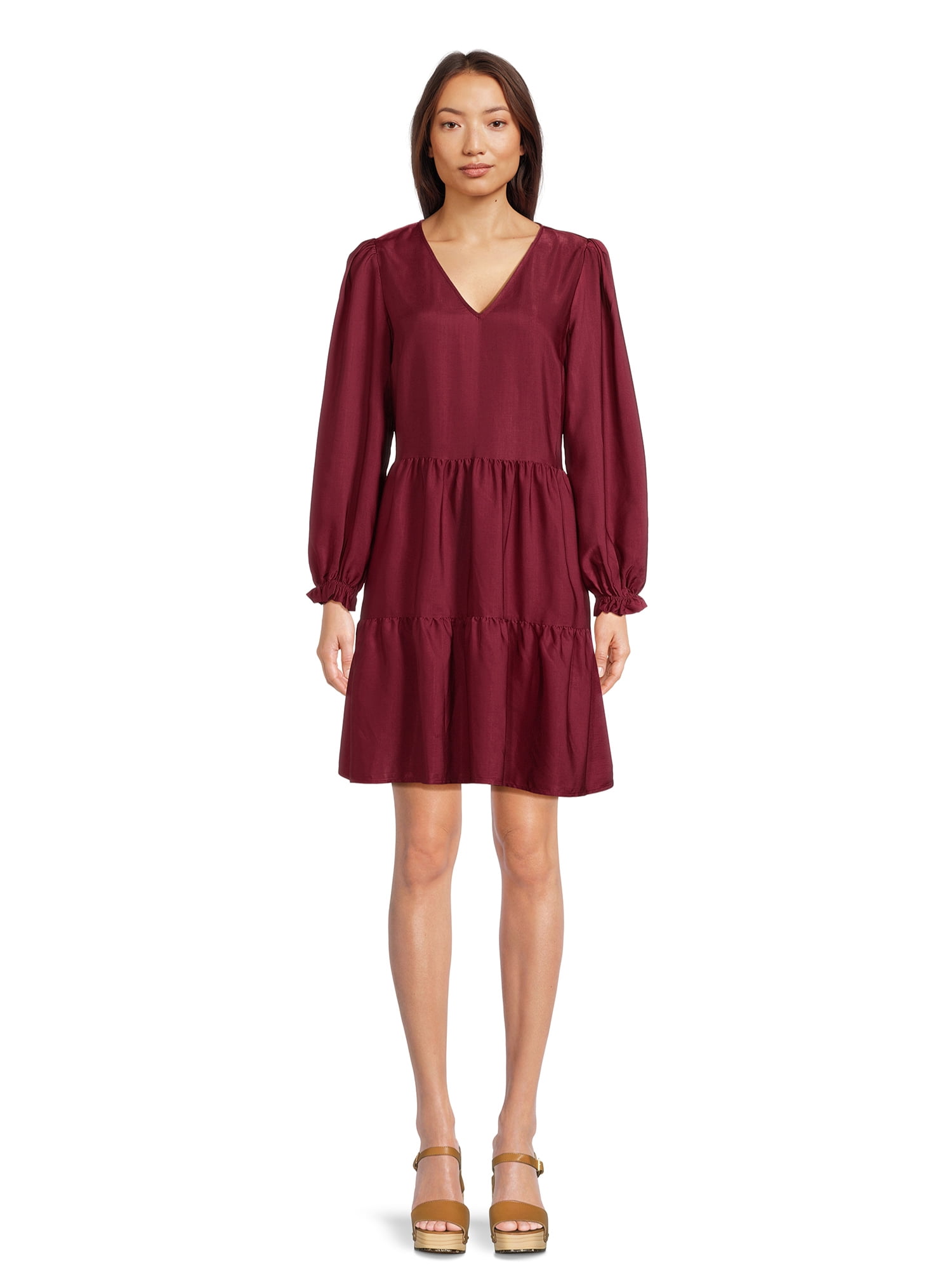 Time and Tru Women's Tiered VNeck Satin Mini Dress, Sizes XSXXXL