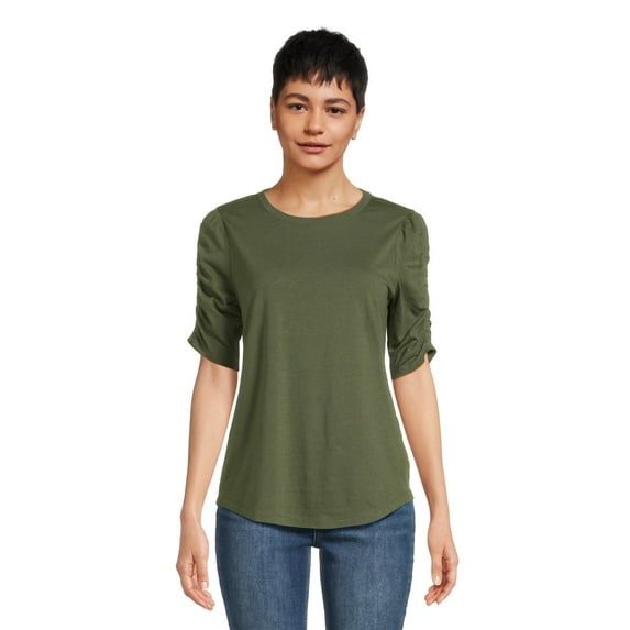 Time and Tru Women's Top with Short Ruched Sleeves, Sizes S-XXXL