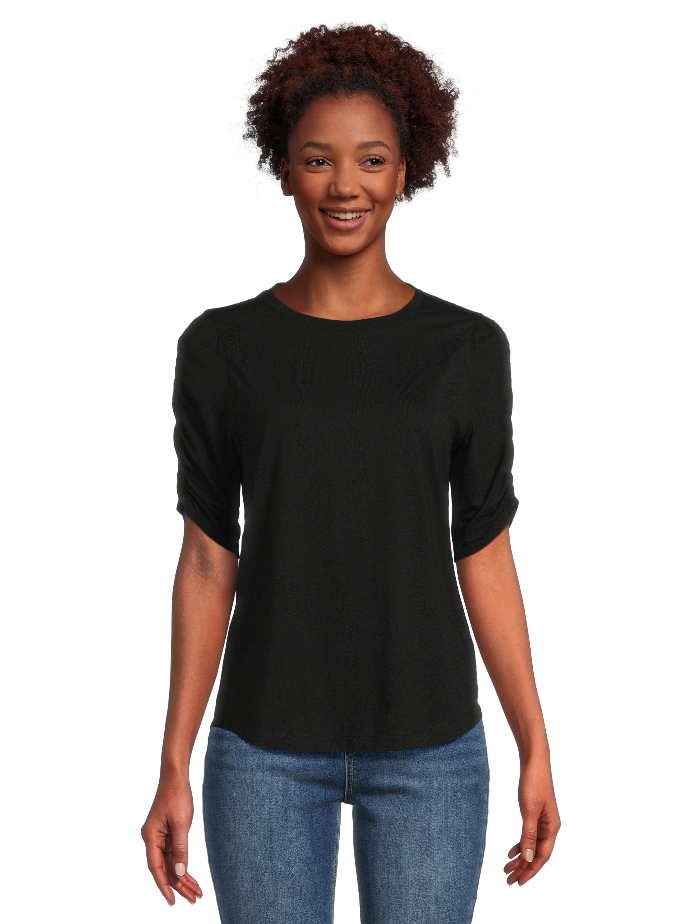 Time and Tru Women's Top with Short Ruched Sleeves, Sizes S-XXXL