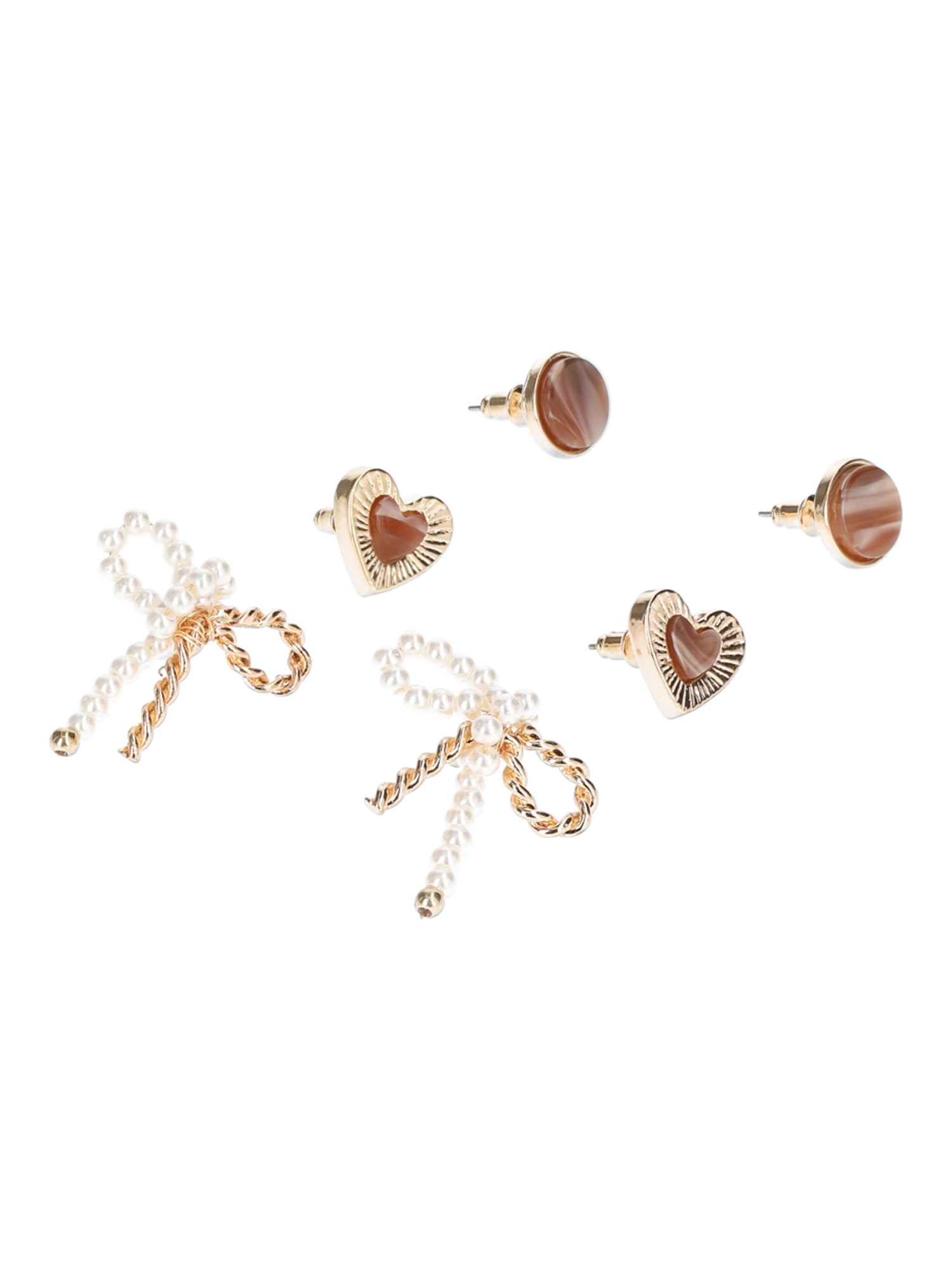 Time and Tru Women's Trio Heart and Bow Earring Set, 3 Pair, Brown Stone Circle Stud, Heart textured Stud, Pearl and Gold Metal Bow Stud