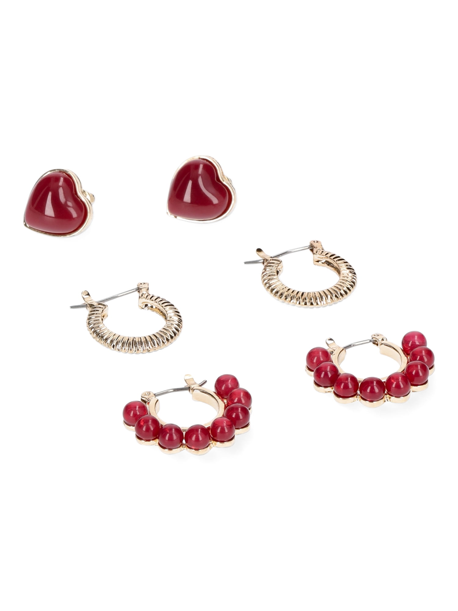 Time and Tru Women's Trio Heart and Hoop Earring Set, 3 Pair, Wine Heart Shaped Stud, Gold Metal Hoop, Wine Scalloped Edge Hoop