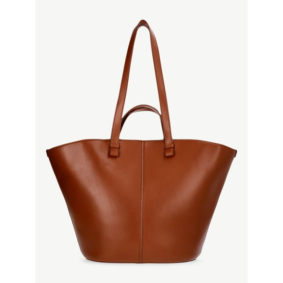Time and Tru Women's Faux Leather Tulip Tote Handbag, Cognac