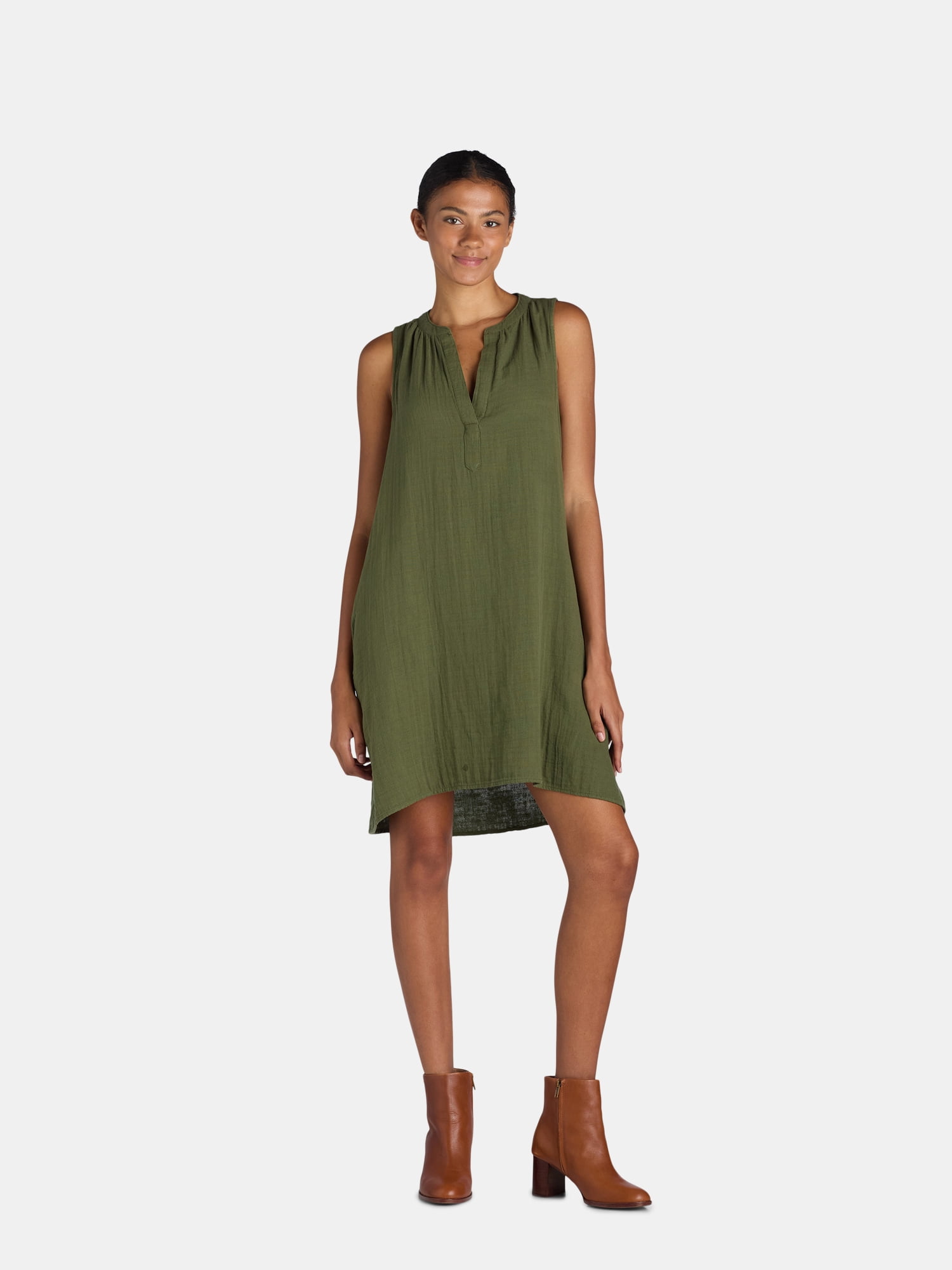 Time and Tru Women's Tunic Sleeveless Double Cloth Dress, Green, Size XS -  Walmart.com