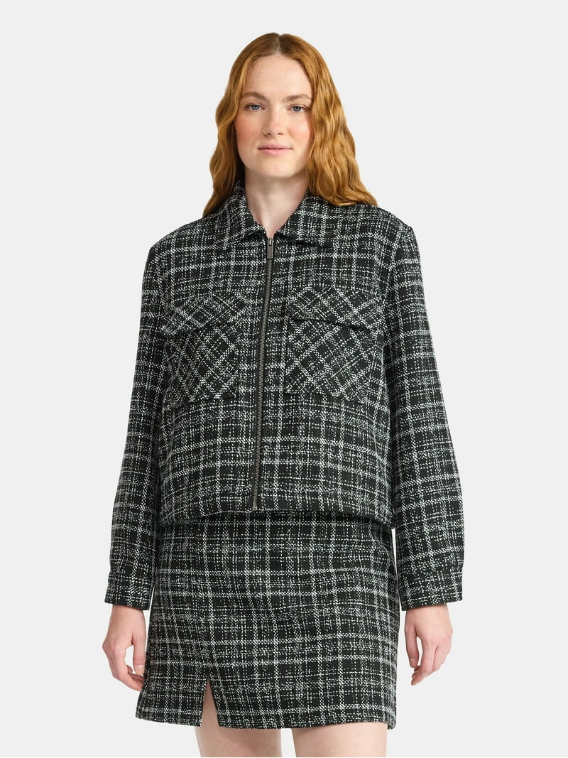 Time and Tru Women's Tweed Zip Jacket, Midweight, Sizes XS-XXXL