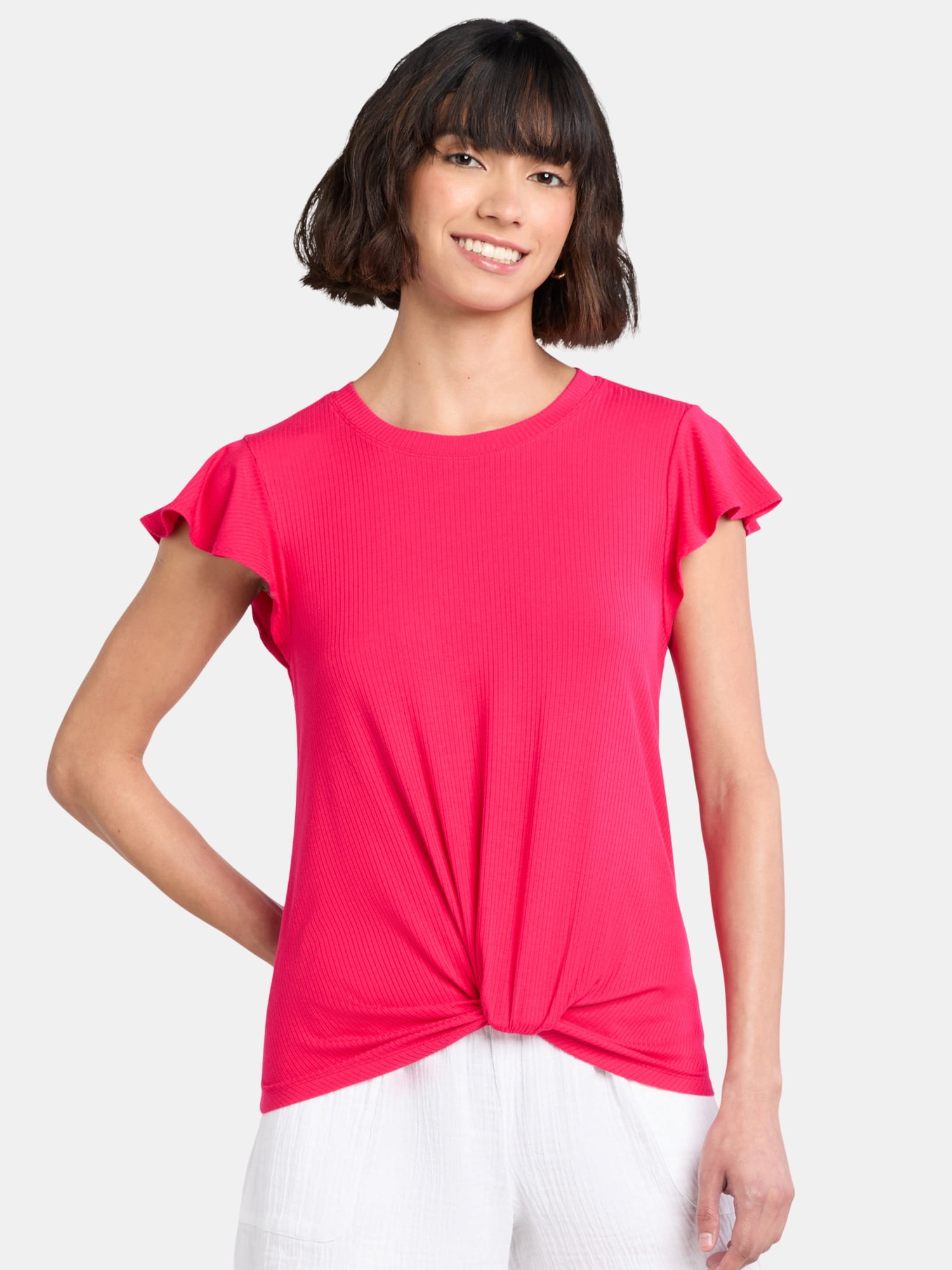 Women's Twist Front Top with Flutter Sleeves, Sizes XS-XXXL