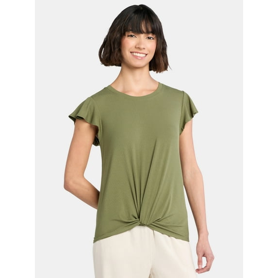 Time and Tru Women's Twist Front Top with Flutter Sleeves, Sizes XS-XXXL