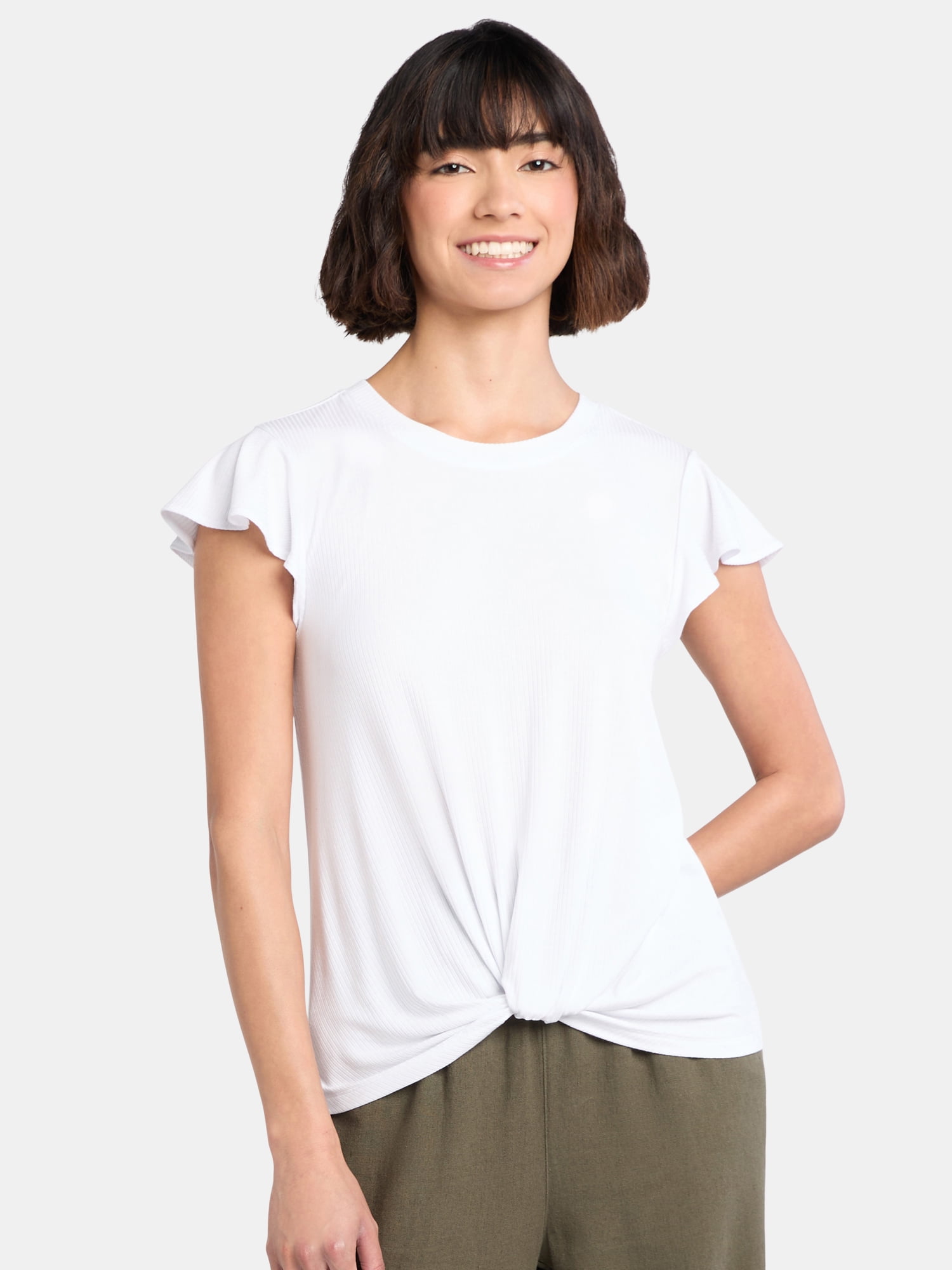Time and Tru Women's Twist Front Top with Flutter Sleeves, Sizes XS-XXXL