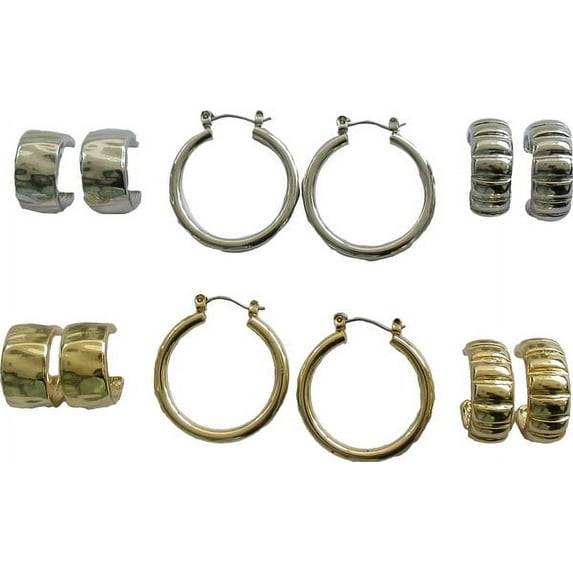 Time and Tru Women's Two Tone Textured and Smooth Hoop Earring Set, 6-Piece