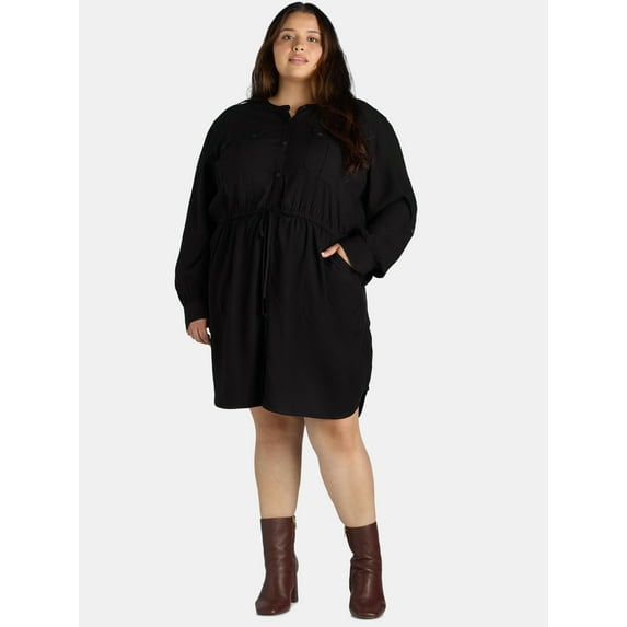 Time and Tru Women's and Women's Plus Utility Shirtdress with Long-Sleeves, Sizes XS-4X