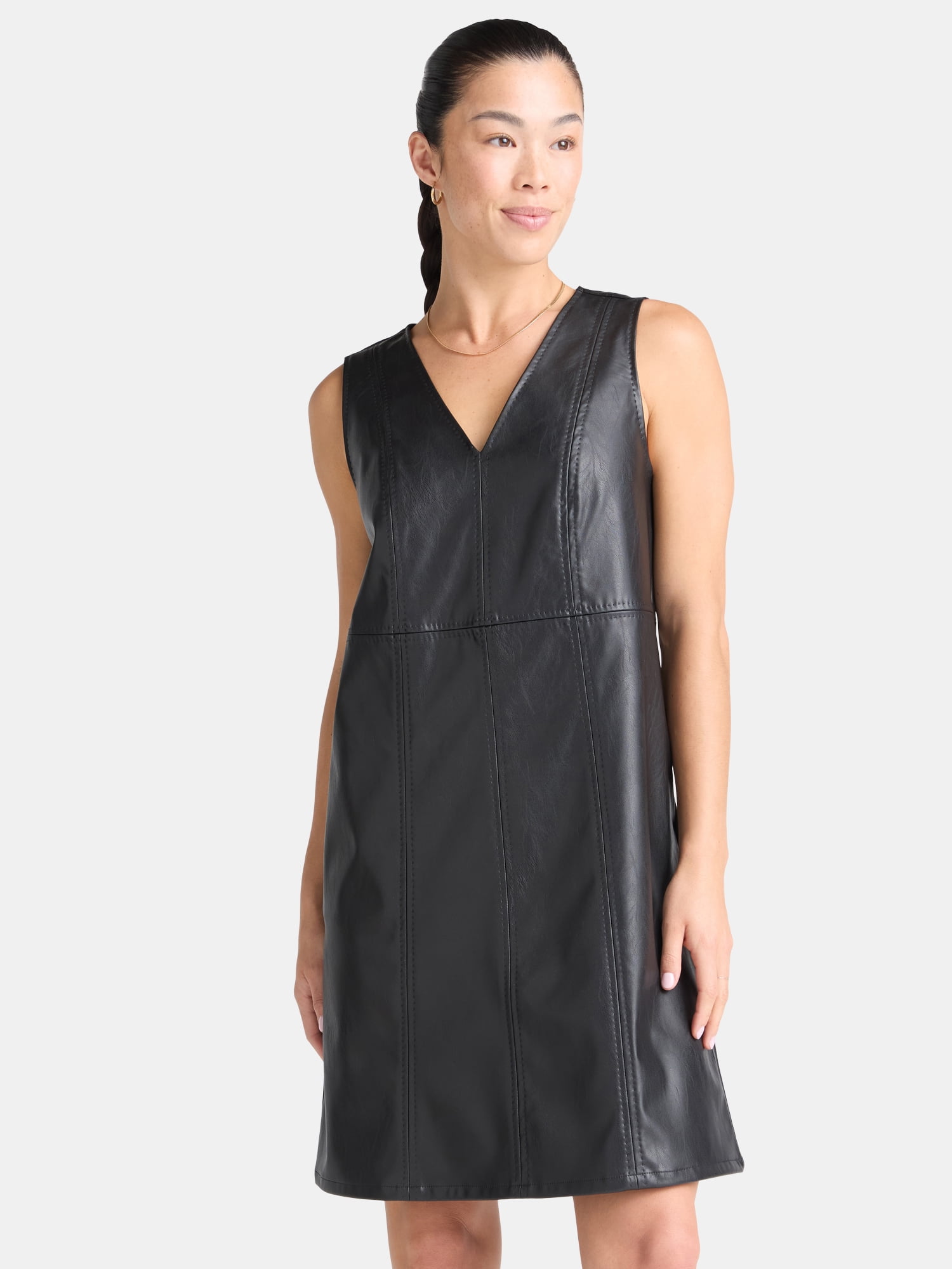 Time and Tru Women's Faux Leather Mini Shift Dress, XS-XXXL