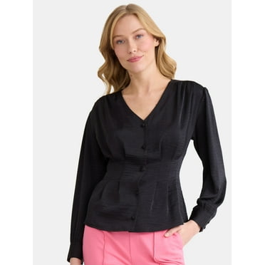 Time and Tru Women's V-Neck Fit and Flare Blouse, Sizes XS-XXXL