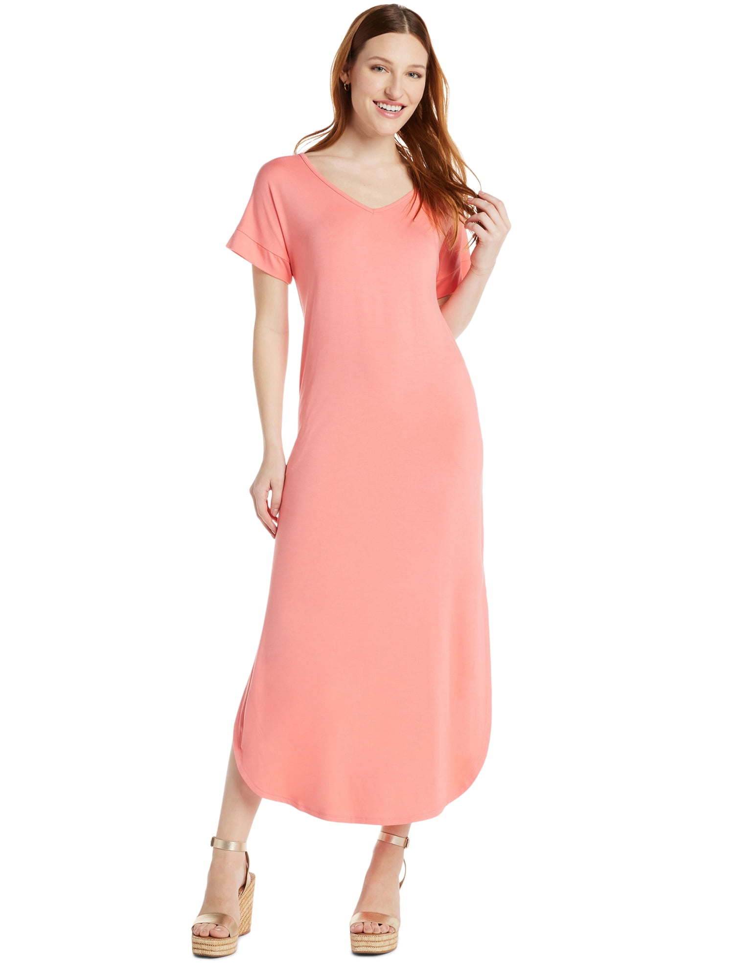 short sleeve knit maxi dress Rust Ribbed Knit Bodice Maxi Dress - Short Sleeve Dresses