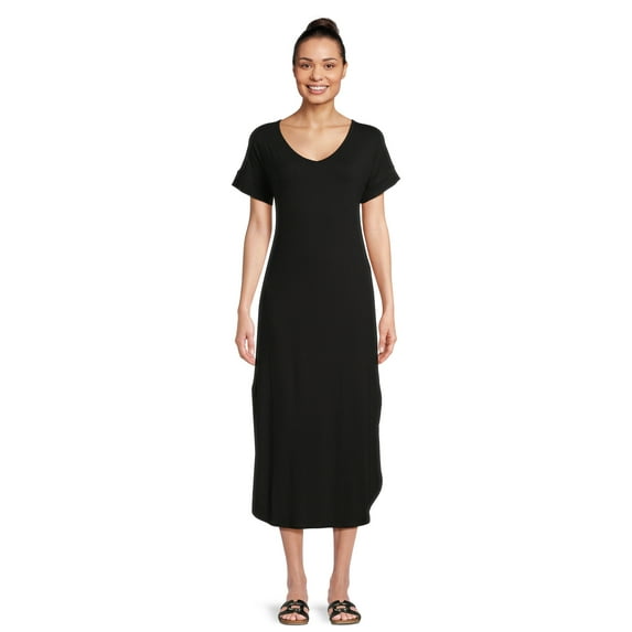 Time and Tru Women's V-Neck Knit Maxi Dress with Short Sleeves, Sizes XS-XXXL