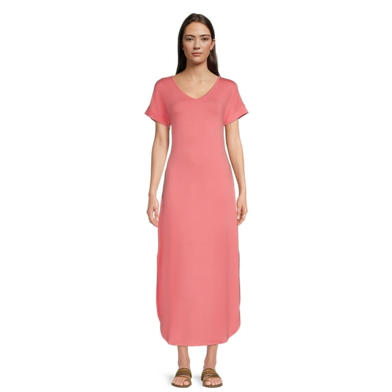 Time and Tru Women's V-Neck Knit Maxi Dress with Short Sleeves, Sizes XS-XXXL