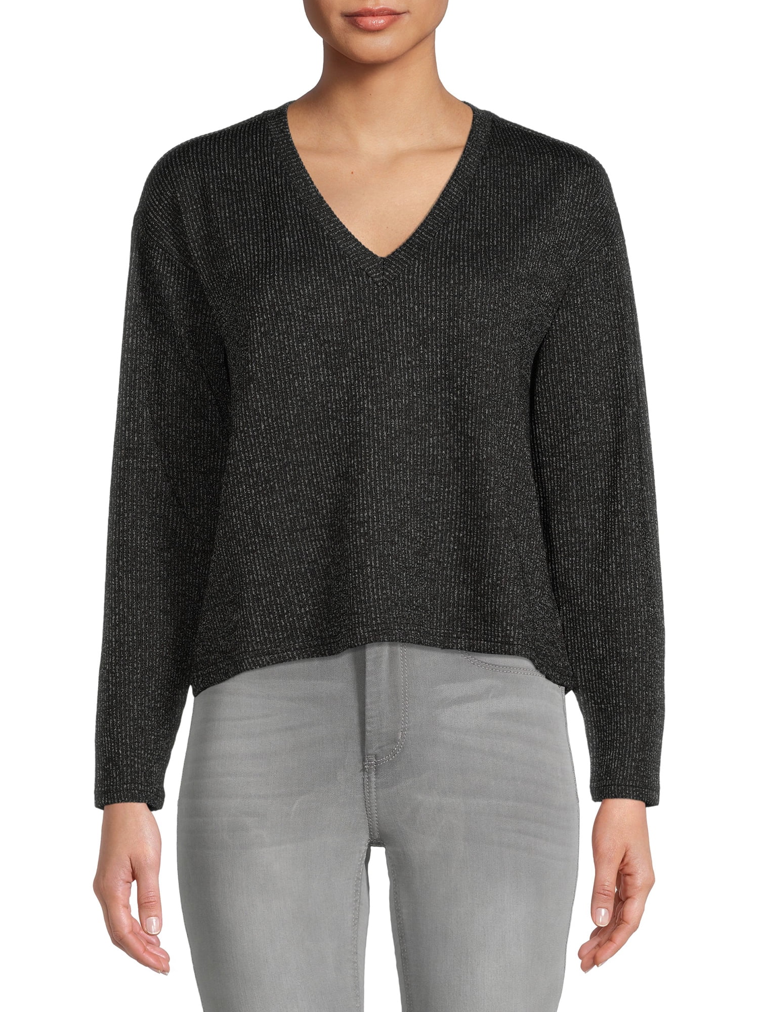 Time and Tru Women's VNeck Knit Top with Long Sleeves