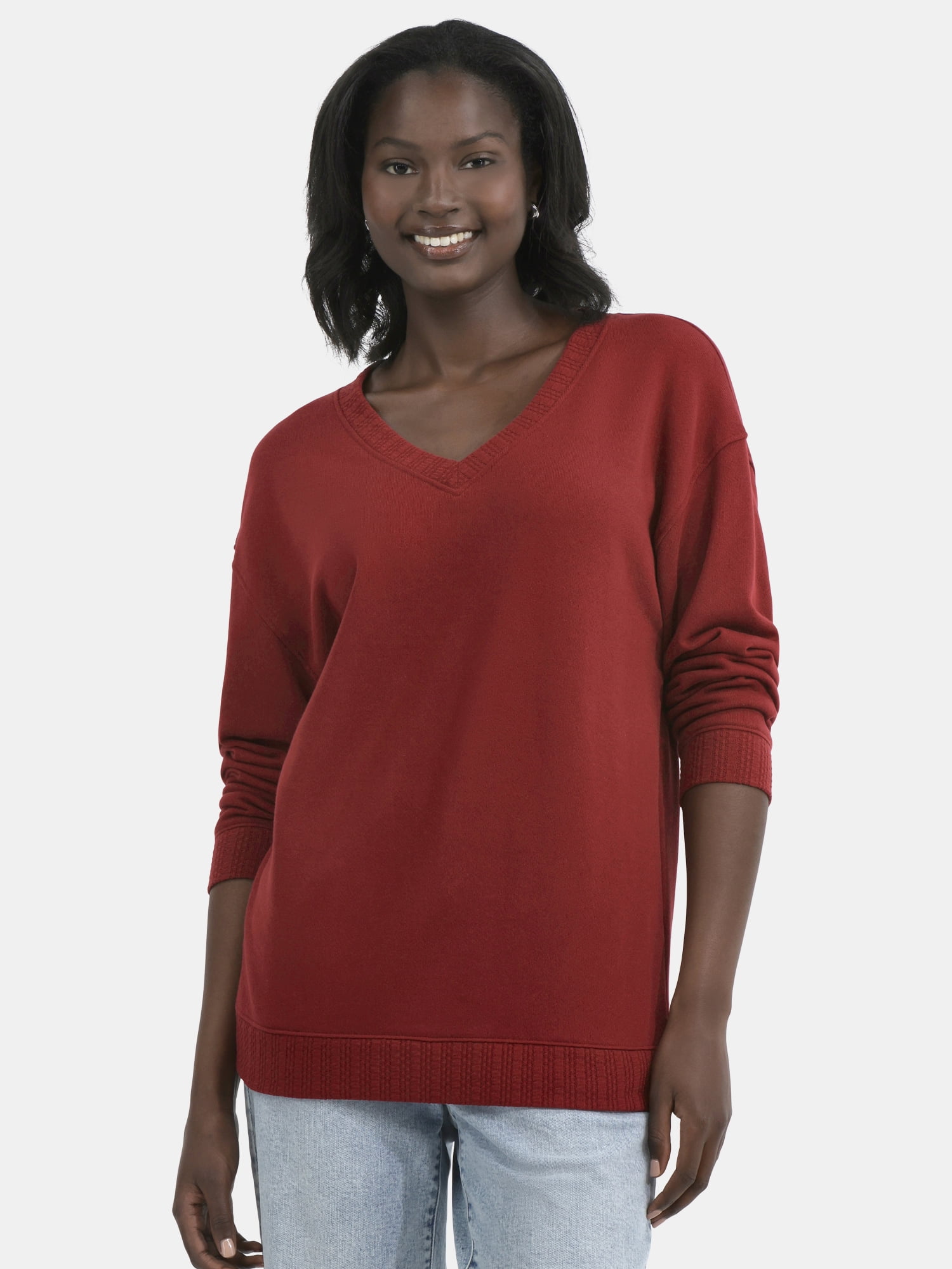 Women's V-Neck Sweatshirt with Long Sleeves, XS-XXXL