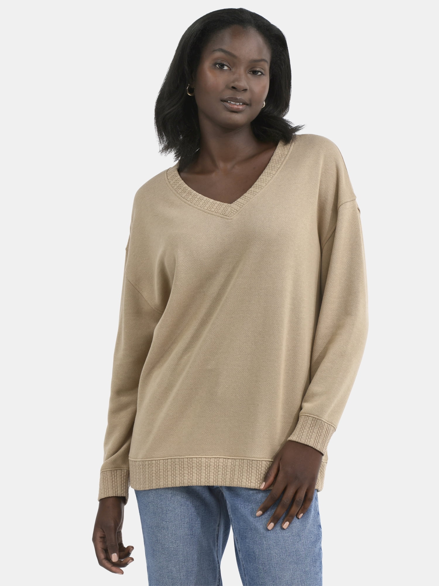 Time and Tru Women's V-Neck Sweatshirt with Long Sleeves, XS-XXXL