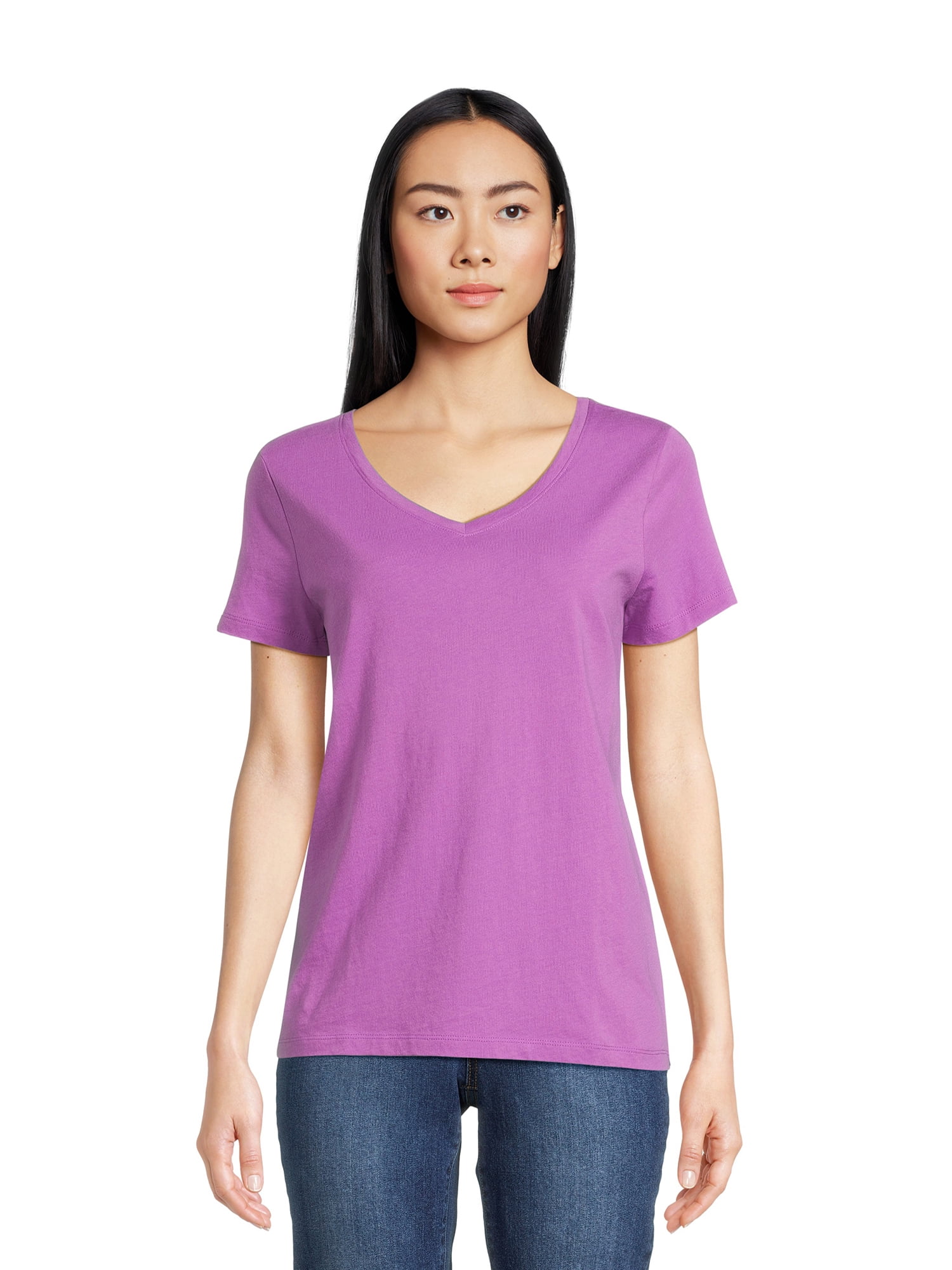 Time and Tru Women's Cotton V-Neck Tee with Short Sleeves, Sizes XS-XXXL