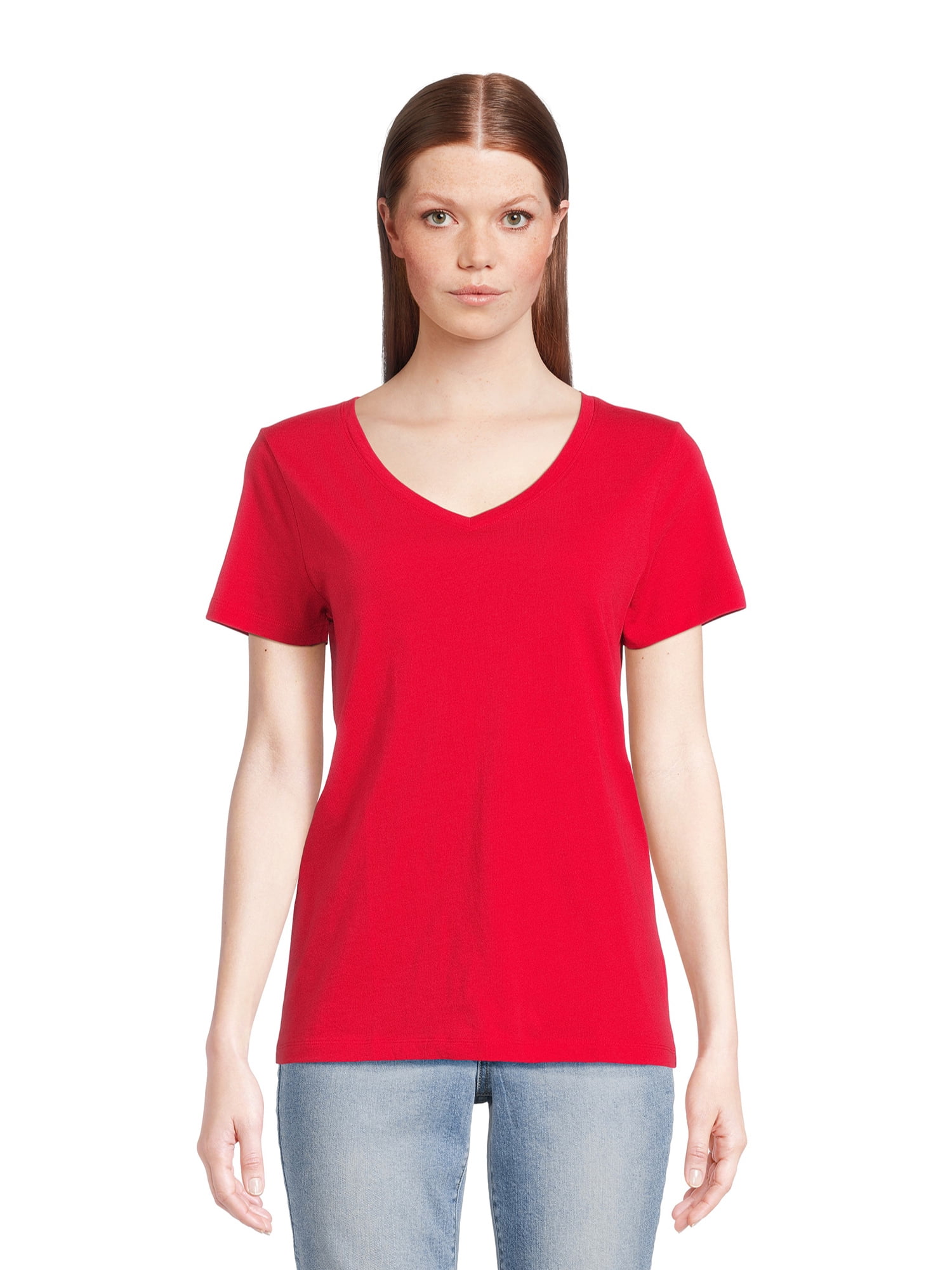 Time and Tru Women's Cotton V-Neck Tee with Short Sleeves, Sizes XS-4X