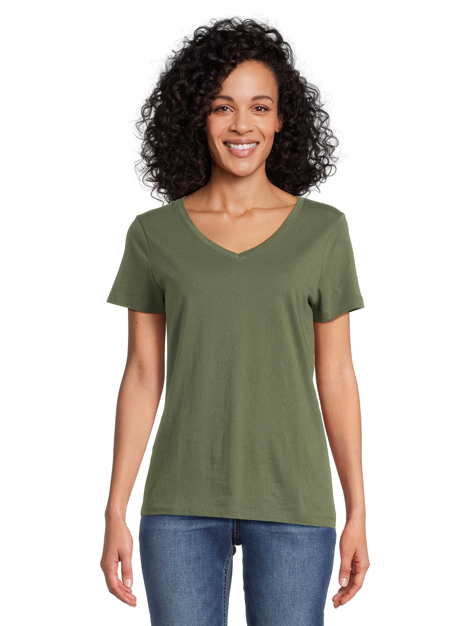 Time and Tru Women's Cotton V-Neck Tee with Short Sleeves, Sizes XS ...