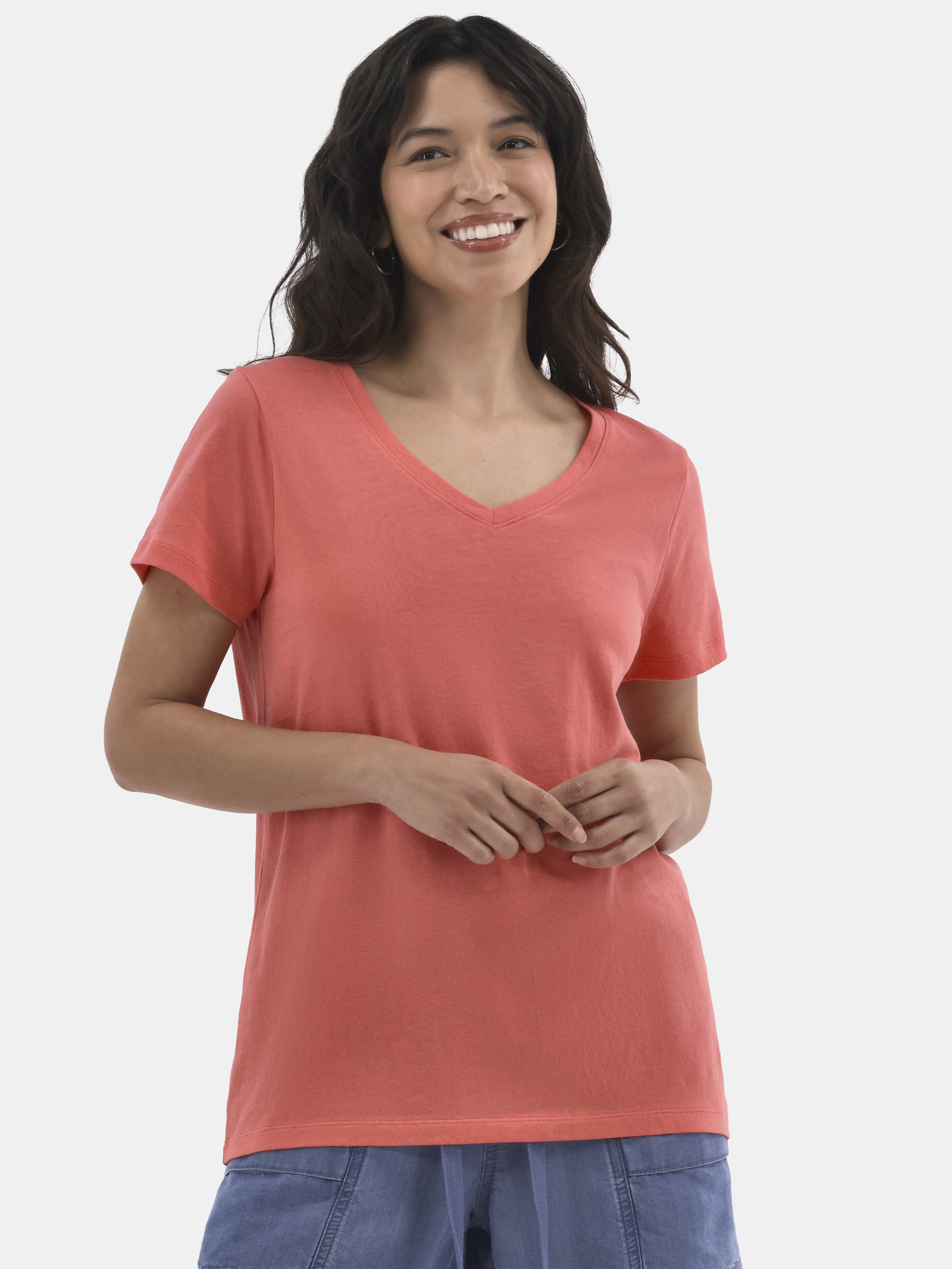 Time and Tru Women's Cotton V-Neck Tee with Short Sleeves, Sizes XS-4X